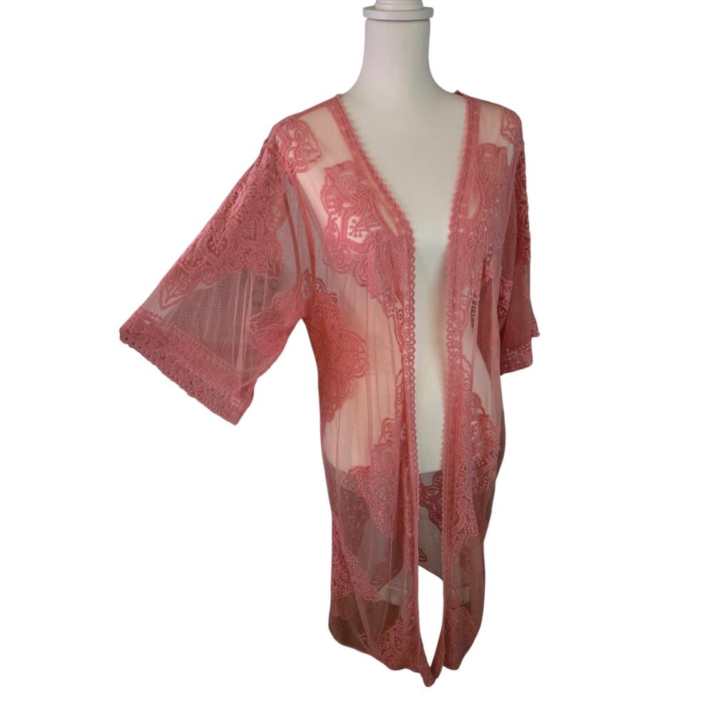 Blush Pink Lace Mesh Kimono Duster Cardigan S/M Sheer Fairy Bohemian Festival